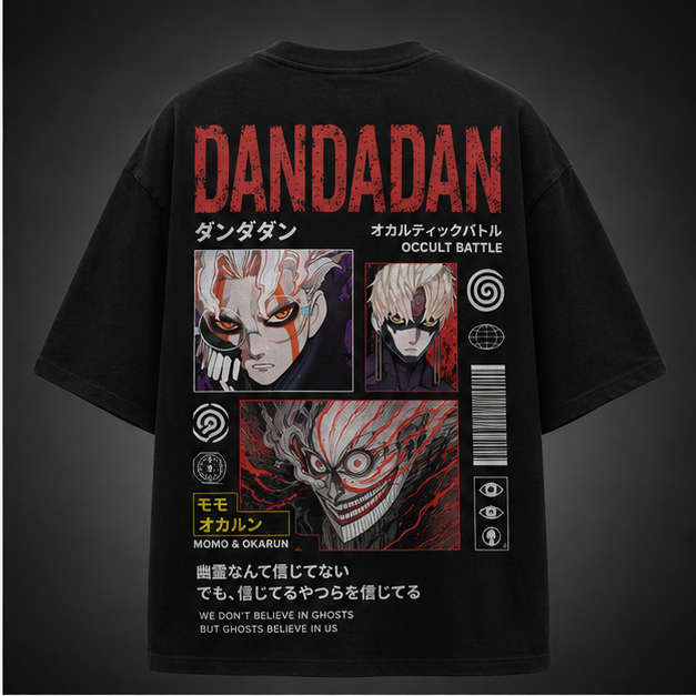 Black t-shirt with Okarun & Turbo Granny Dandadan Occult Battle Faces graphic – photo 1