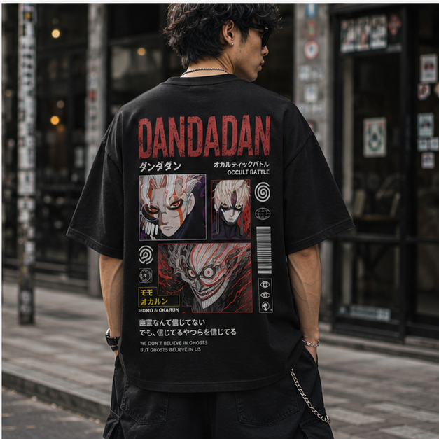 Black t-shirt with Okarun & Turbo Granny Dandadan Occult Battle Faces graphic – photo 3
