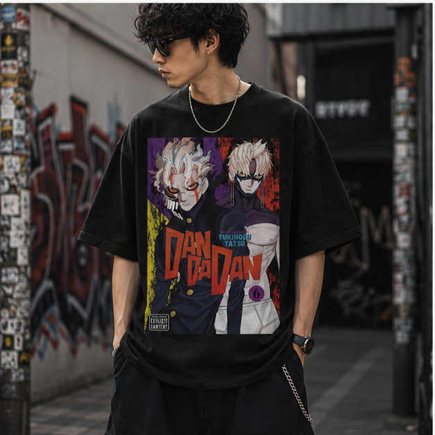 Black t-shirt with Okarun & Turbo Granny Dandadan Occult Battle Faces graphic – photo 4