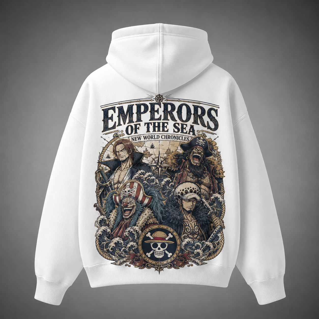 White hoodie with One Piece Emperors Of The Sea graphic – photo 1