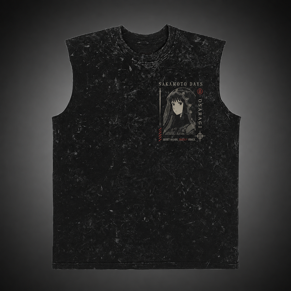 Washed black tank top with Osaragi Sakamoto Days Silent Edge graphic – photo 2