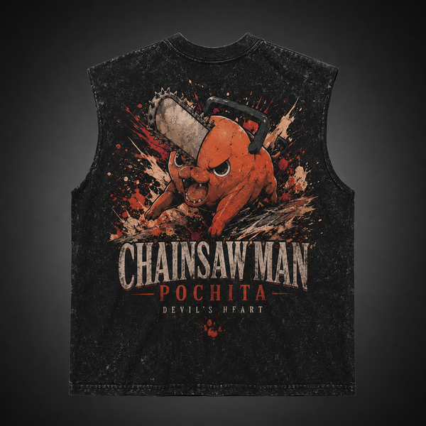 Washed black tank top with Pochita Chainsaw Man Devil's Heart graphic – photo 1