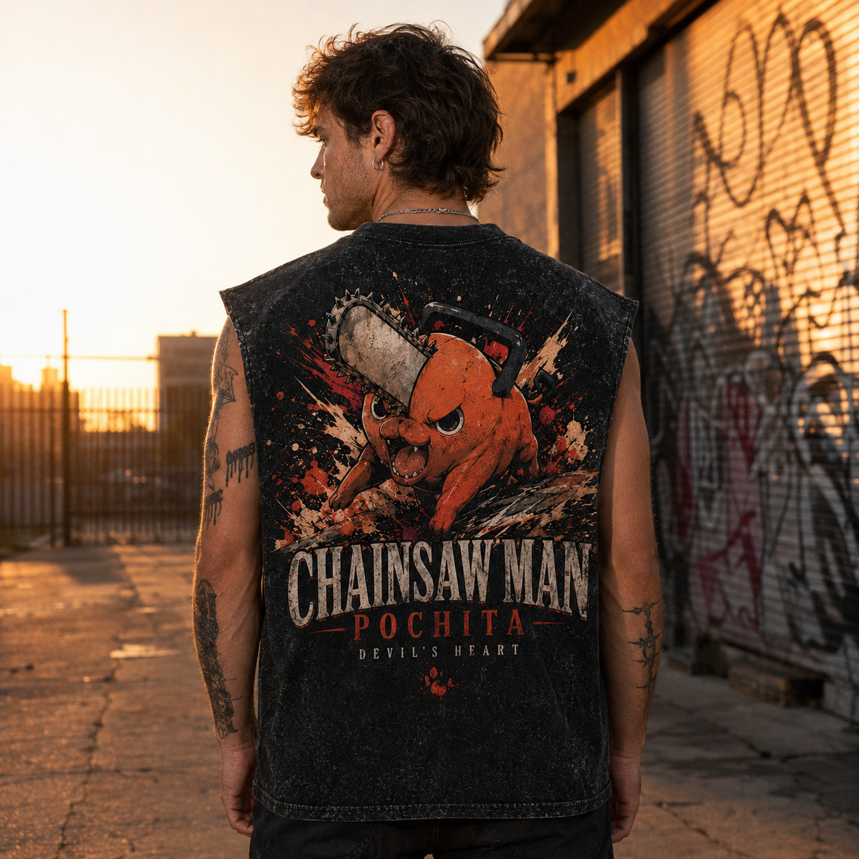 Washed black tank top with Pochita Chainsaw Man Devil's Heart graphic – photo 3