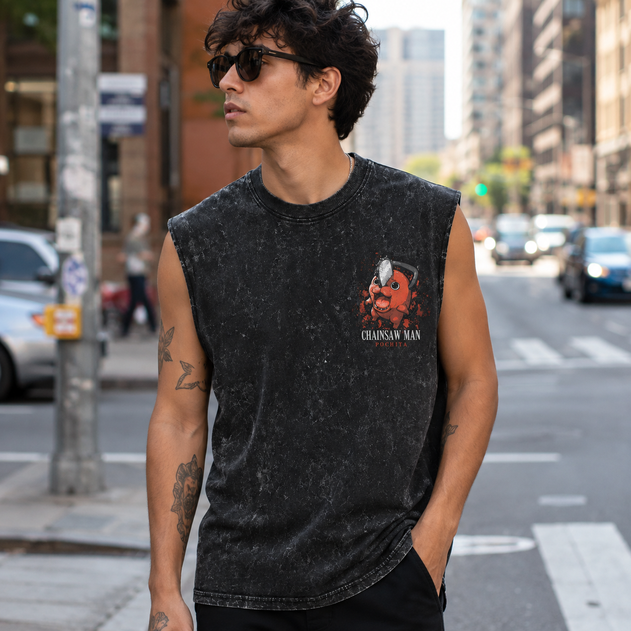 Washed black tank top with Pochita Chainsaw Man Devil's Heart graphic – photo 4