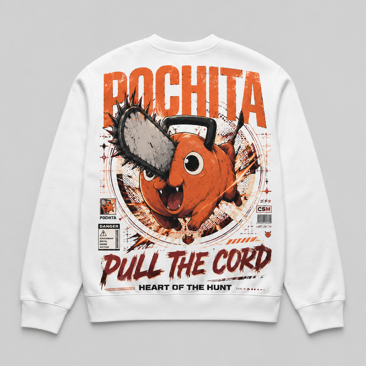 White sweatshirt with Pochita Chainsaw Man Heart Of The Hunt graphic – photo 1