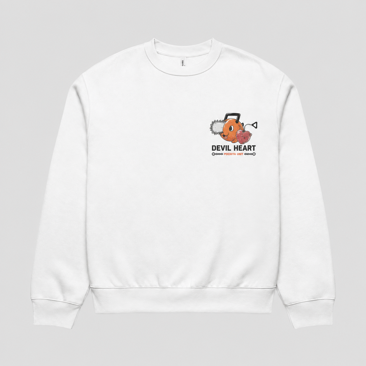 White sweatshirt with Pochita Chainsaw Man Heart Of The Hunt graphic – photo 2