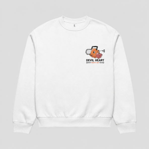 White sweatshirt with Pochita Chainsaw Man Heart Of The Hunt graphic – photo 2