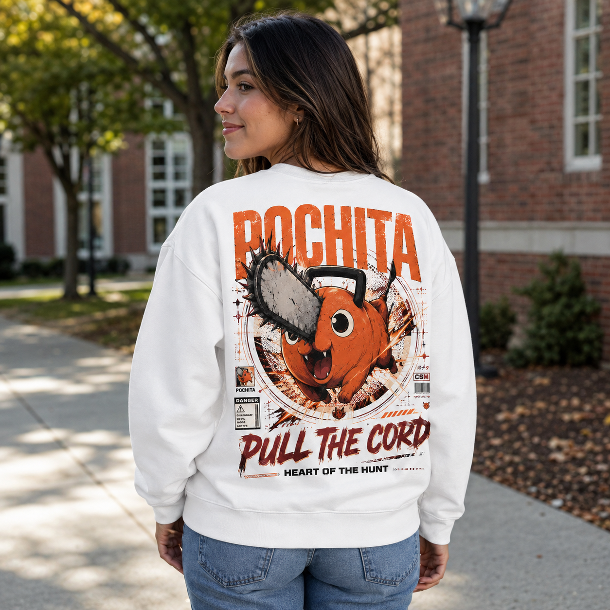 White sweatshirt with Pochita Chainsaw Man Heart Of The Hunt graphic – photo 3