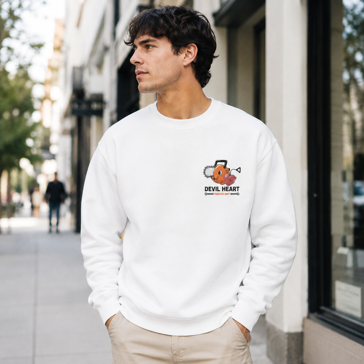 White sweatshirt with Pochita Chainsaw Man Heart Of The Hunt graphic – photo 4