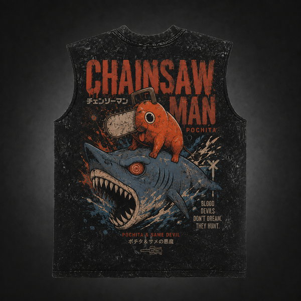 Washed black tank top with Pochita, Shark Devil (Beam) Chainsaw Man Devils Hunt graphic – photo 1