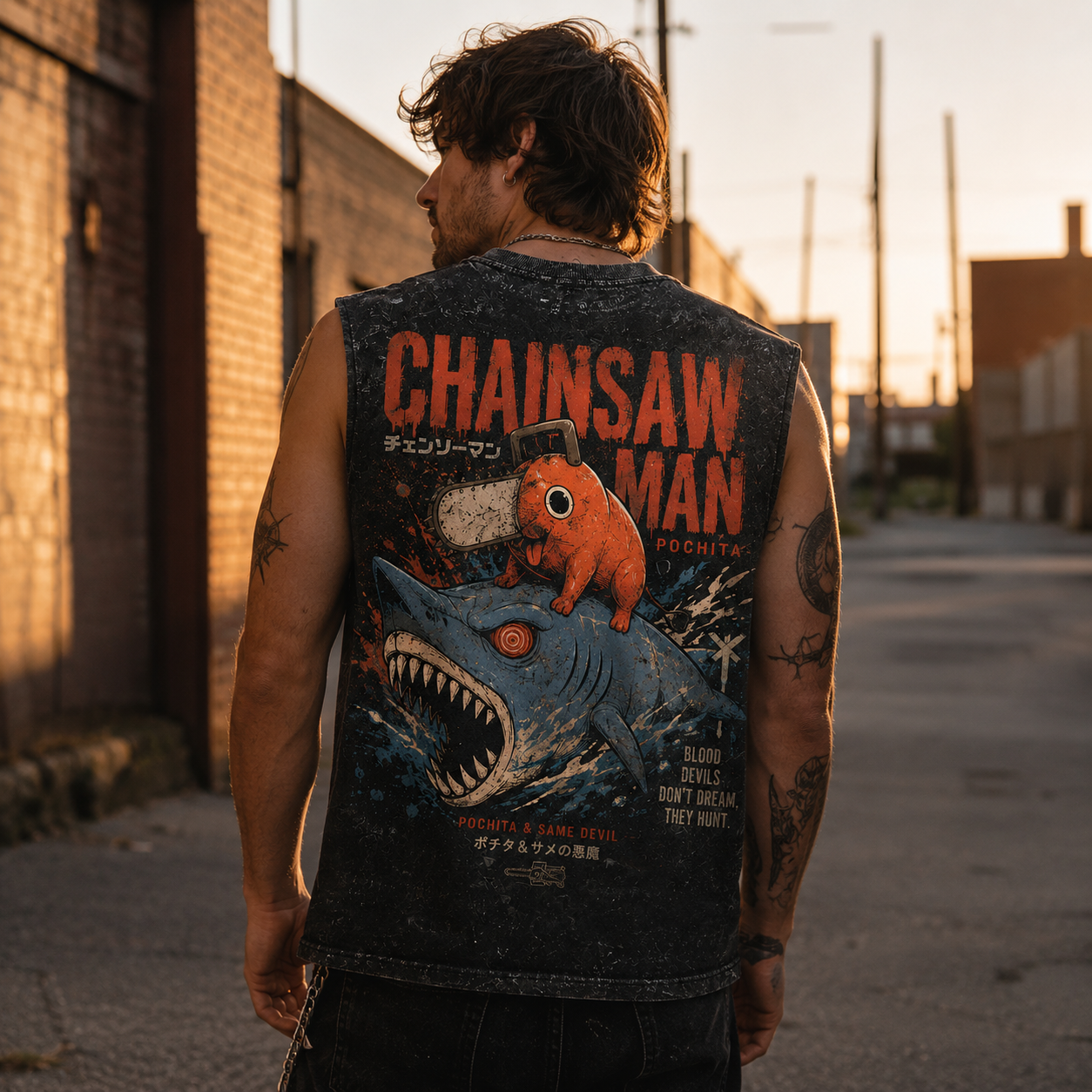 Washed black tank top with Pochita, Shark Devil (Beam) Chainsaw Man Devils Hunt graphic – photo 3