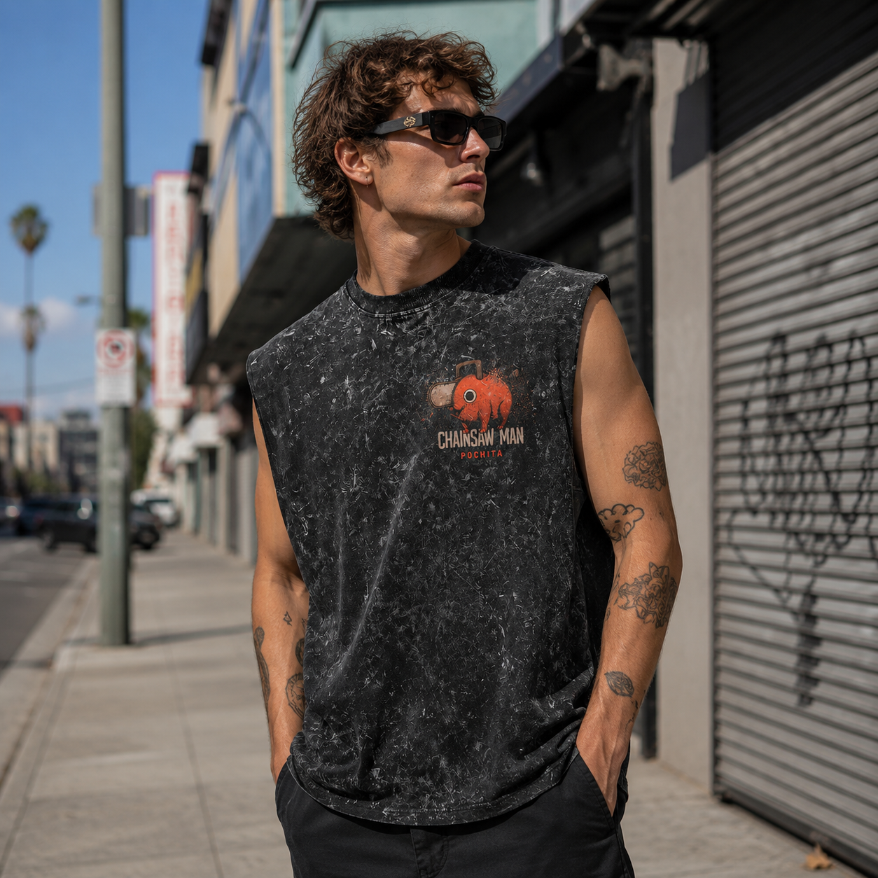 Washed black tank top with Pochita, Shark Devil (Beam) Chainsaw Man Devils Hunt graphic – photo 4