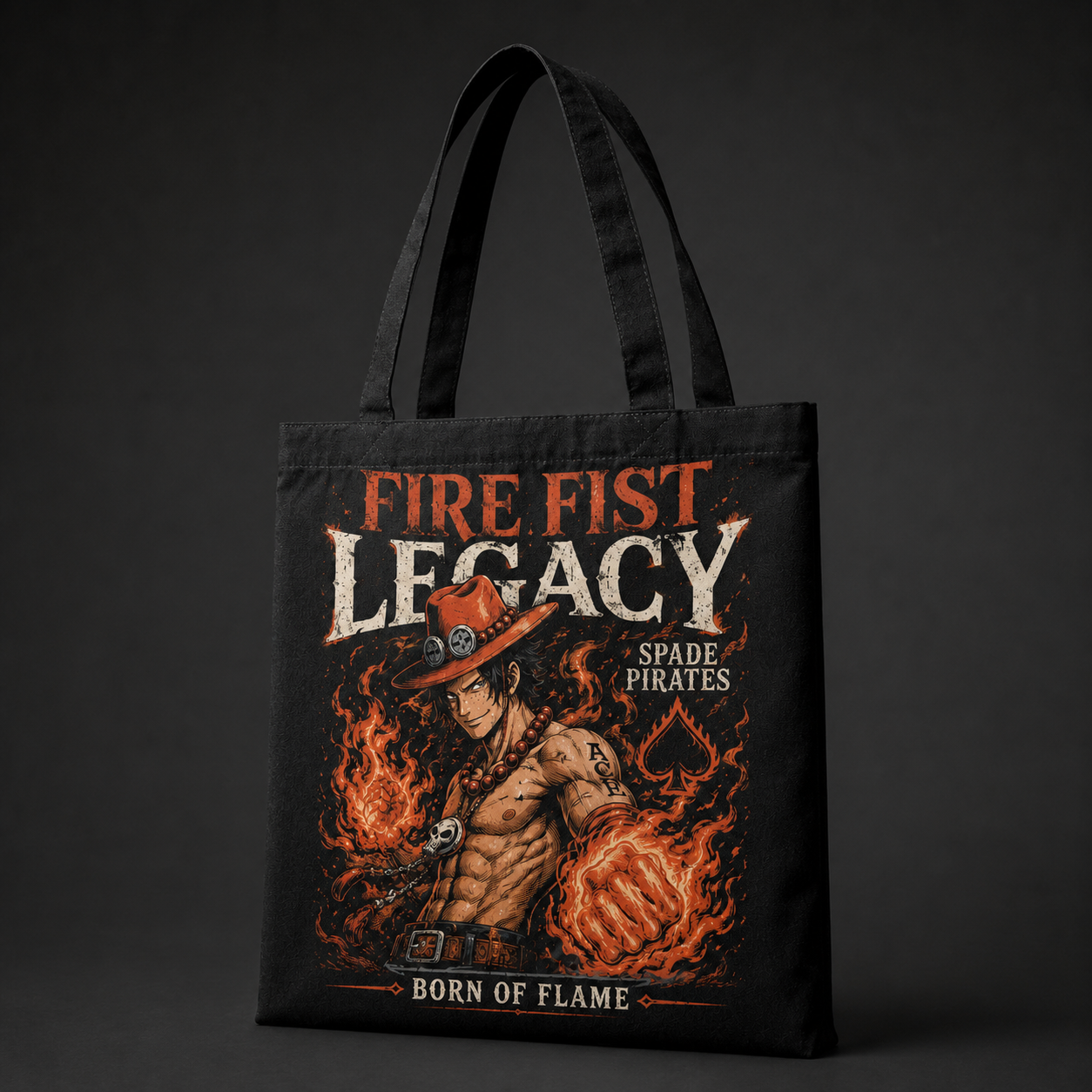 Black tote bag with Portgas D. Ace One Piece Fire Fist Legacy graphic – photo 2