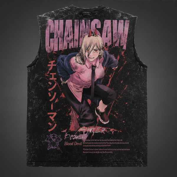 Washed black tank top with Power Chainsaw Man Blood Devil graphic – photo 1