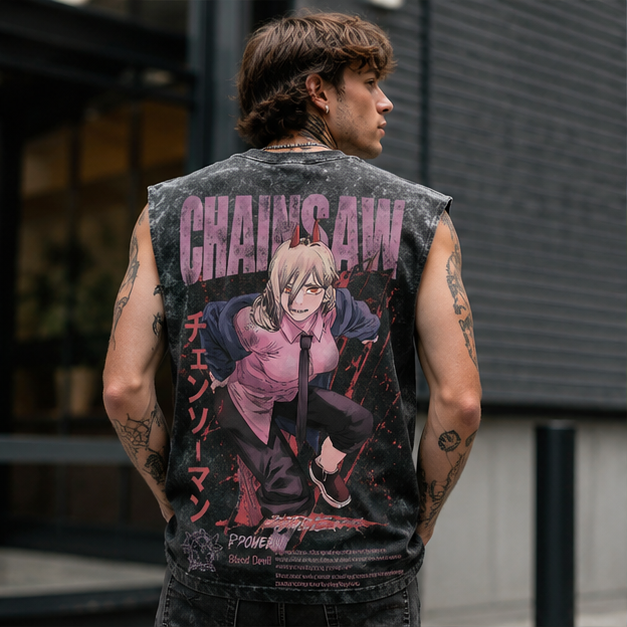 Washed black tank top with Power Chainsaw Man Blood Devil graphic – photo 3