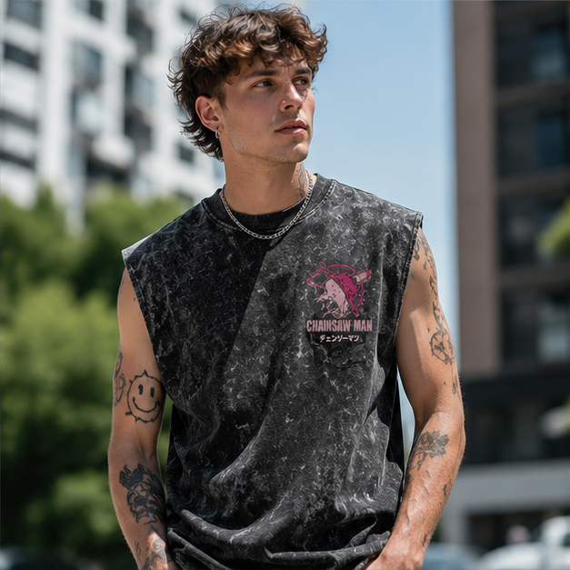 Washed black tank top with Power Chainsaw Man Blood Devil graphic – photo 4