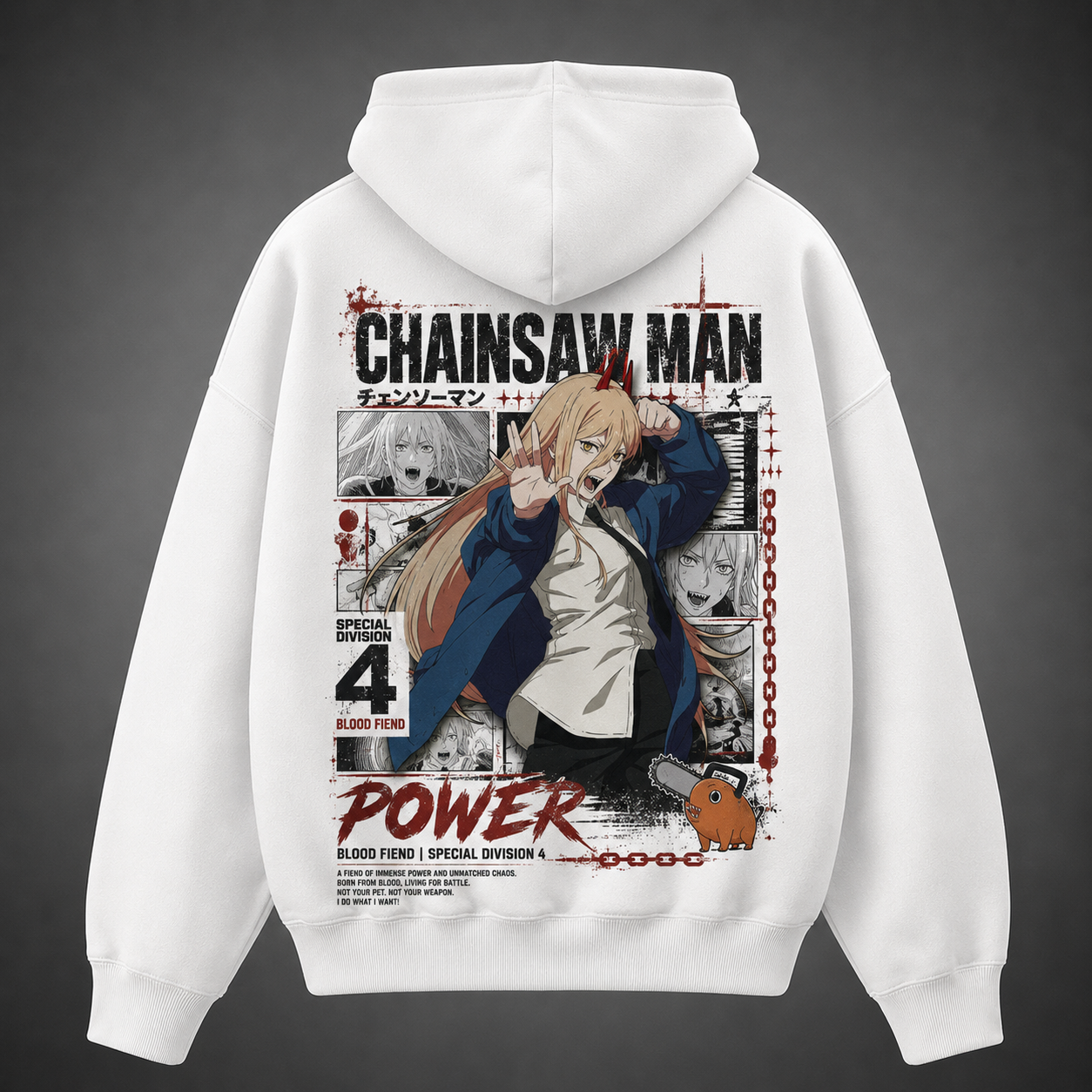 White hoodie with Power Chainsaw Man Blood Fiend Power graphic – photo 1