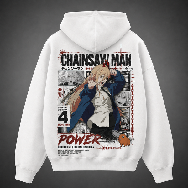 White hoodie with Power Chainsaw Man Blood Fiend Power graphic – photo 1