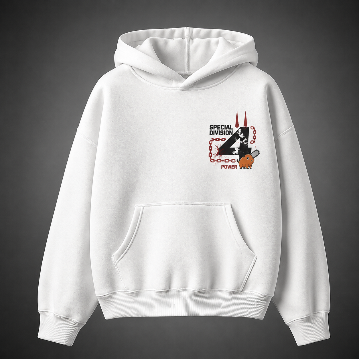 White hoodie with Power Chainsaw Man Blood Fiend Power graphic – photo 2