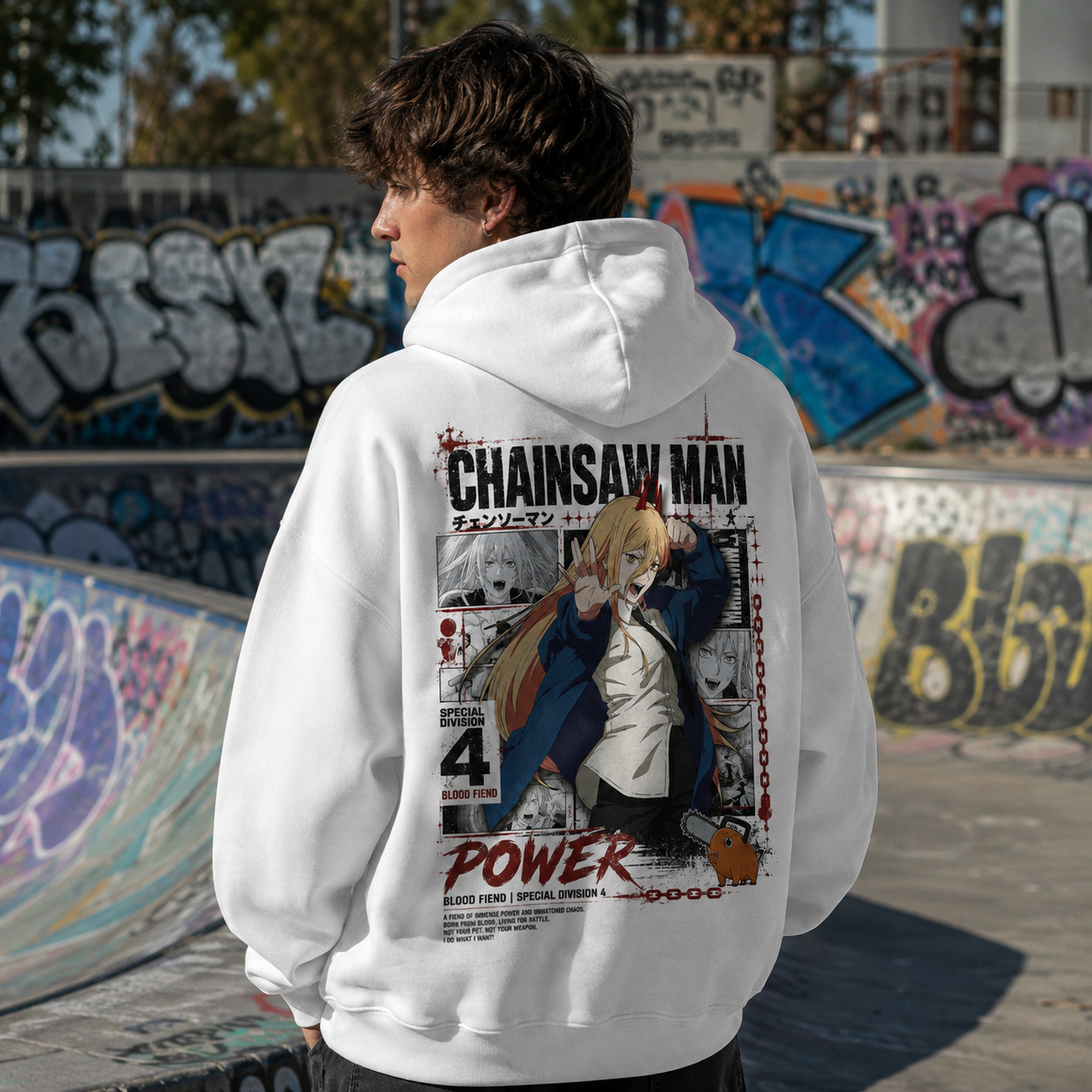 White hoodie with Power Chainsaw Man Blood Fiend Power graphic – photo 3