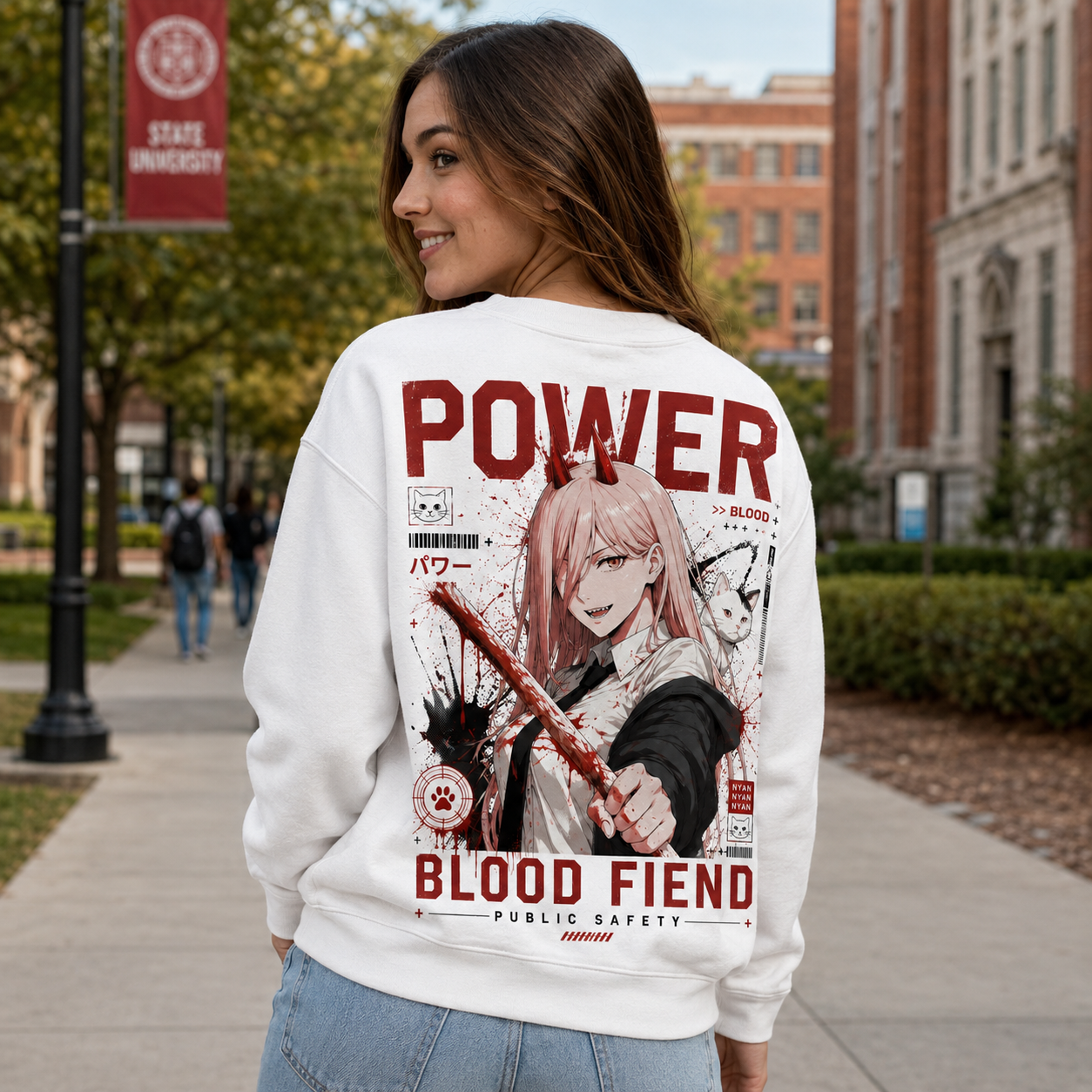 White sweatshirt with Power Chainsaw Man Blood Fiend graphic – photo 3