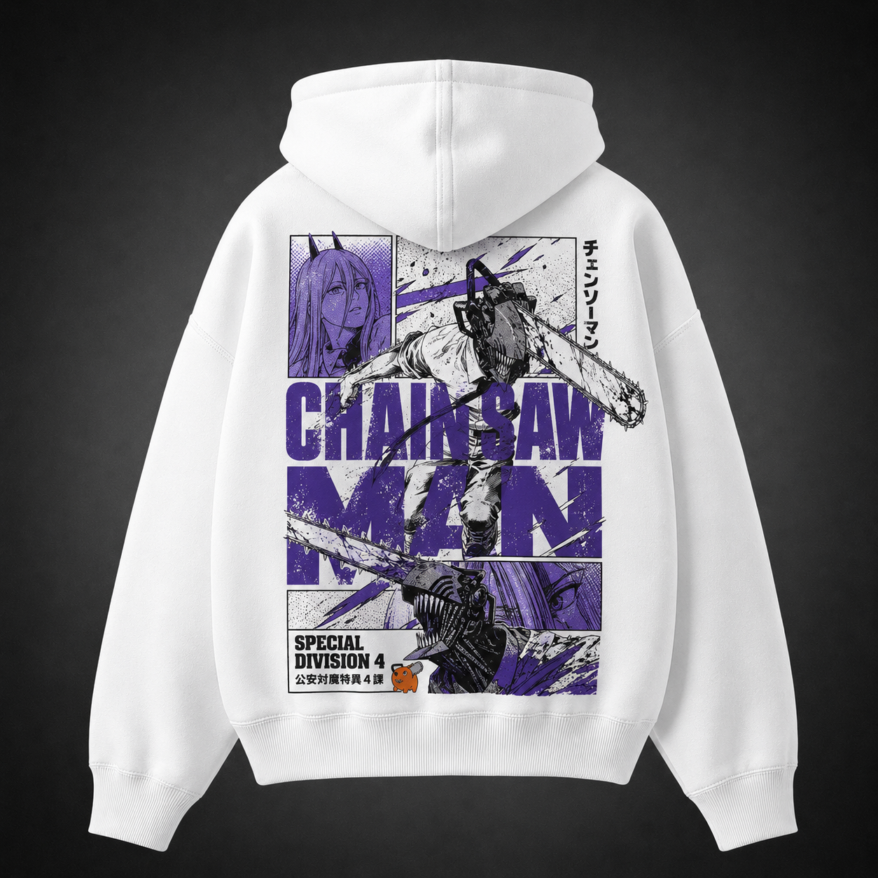 White hoodie with Power, Denji (Chainsaw Man) Violet Manga Panels graphic – photo 1