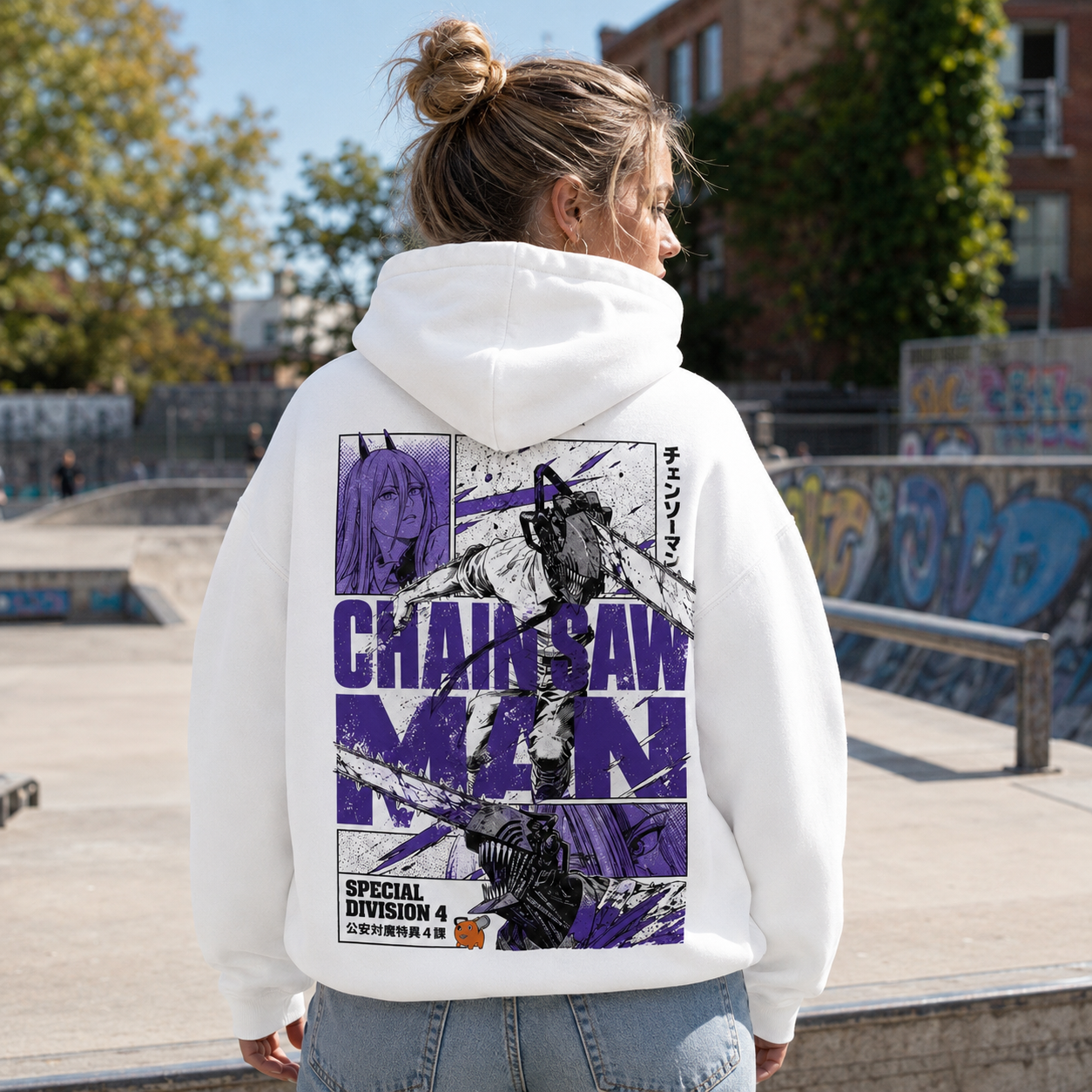 White hoodie with Power, Denji (Chainsaw Man) Violet Manga Panels graphic – photo 3