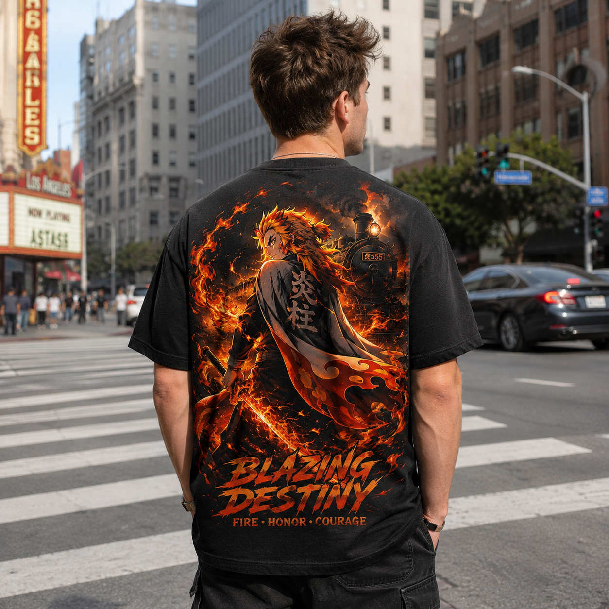 Black t-shirt with Rengoku Kyojuro Demon Slayer Blazing Destiny graphic – photo 3