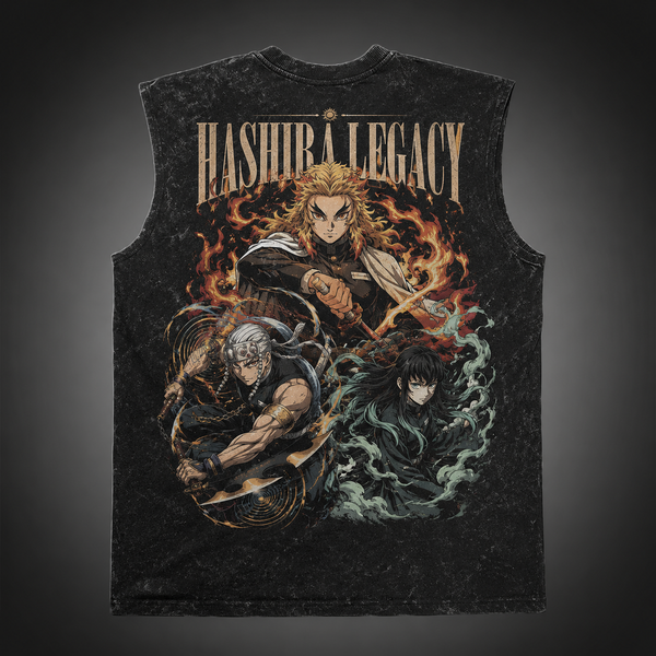 Washed black tank top with Rengoku Kyojuro, Tengen Uzui, Muichiro Tokito Demon Slayer Hashira Legacy graphic – photo 1