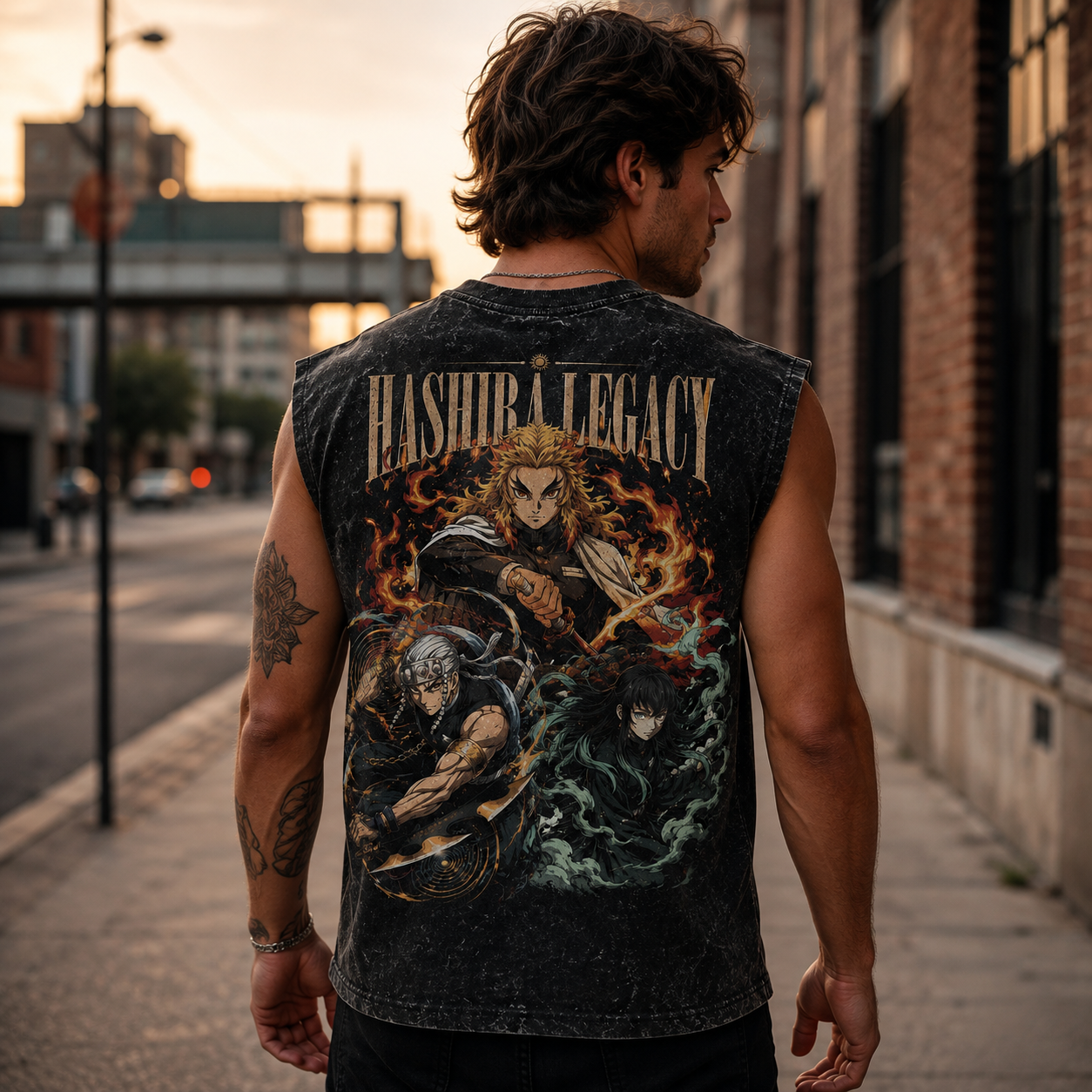 Washed black tank top with Rengoku Kyojuro, Tengen Uzui, Muichiro Tokito Demon Slayer Hashira Legacy graphic – photo 3
