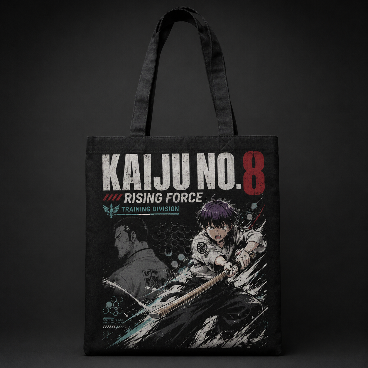 Black tote bag with Reno Ichikawa Kaiju No. 8 Rising Force Training graphic – photo 1