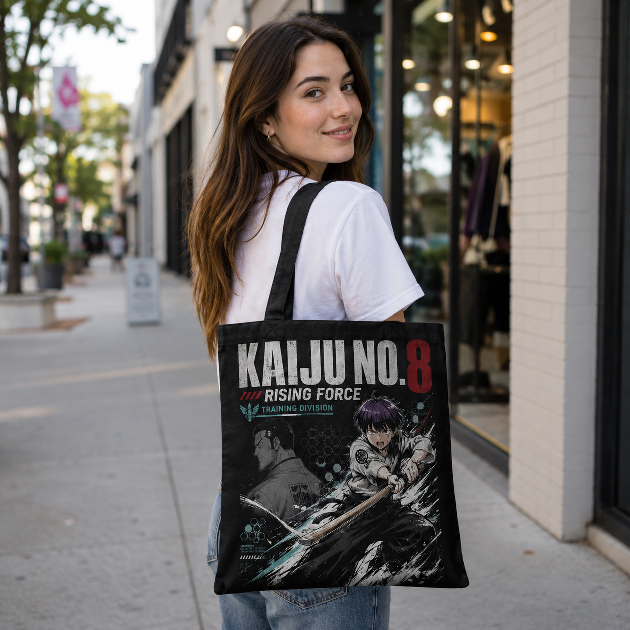 Black tote bag with Reno Ichikawa Kaiju No. 8 Rising Force Training graphic – photo 3
