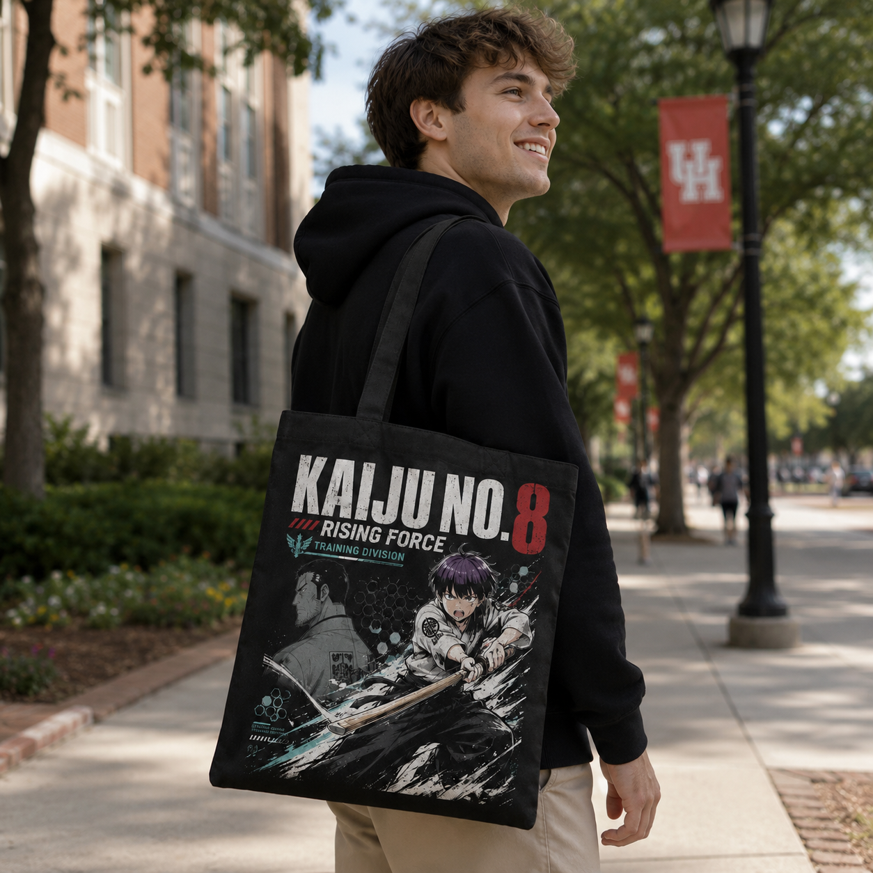 Black tote bag with Reno Ichikawa Kaiju No. 8 Rising Force Training graphic – photo 4