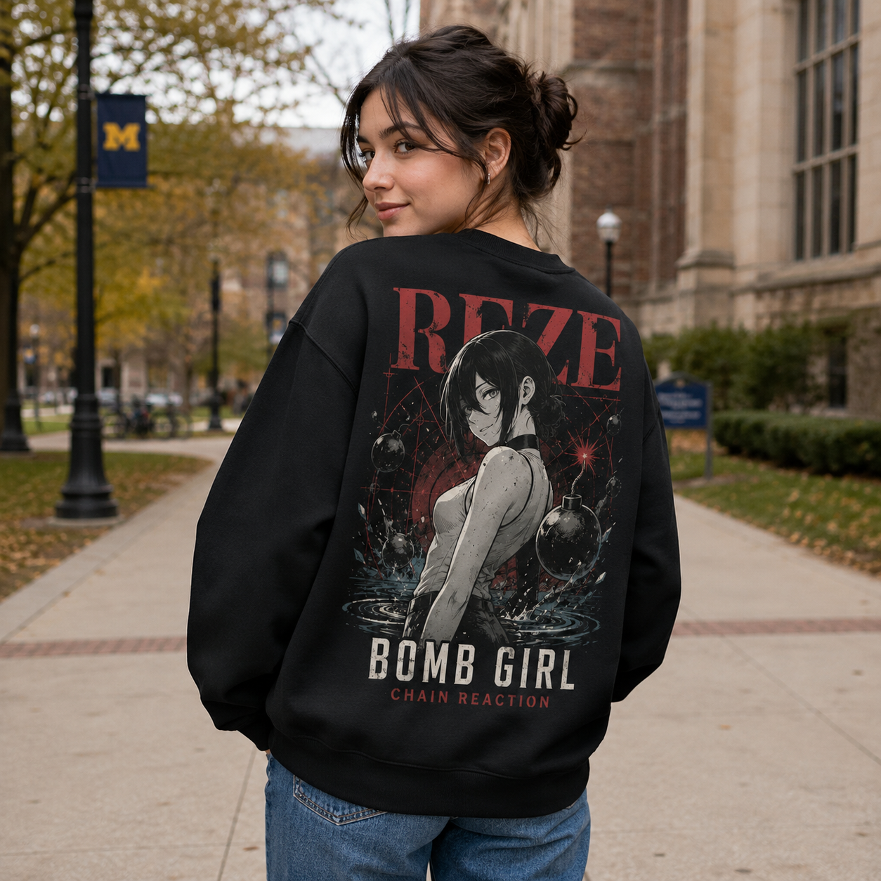 Black sweatshirt with Reze Chainsaw Man Bomb Girl graphic – photo 3