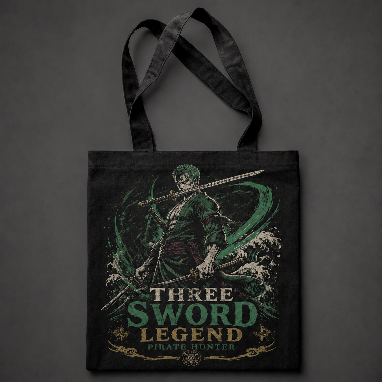 Black tote bag with Roronoa Zoro One Piece Three Sword Legend graphic – photo 1