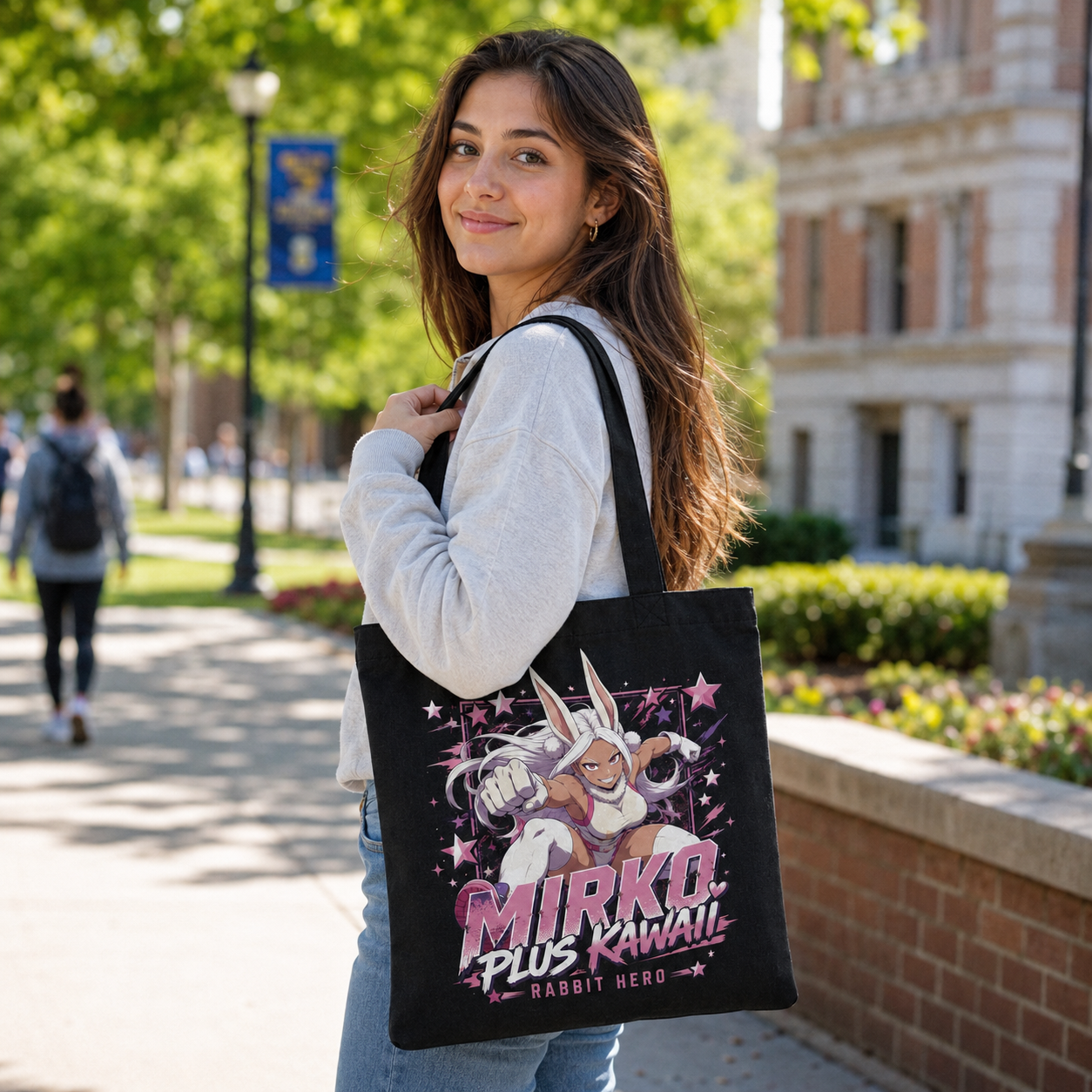 Black tote bag with Rumi Usagiyama (Mirko) My Hero Academia Rabbit Hero graphic – photo 3