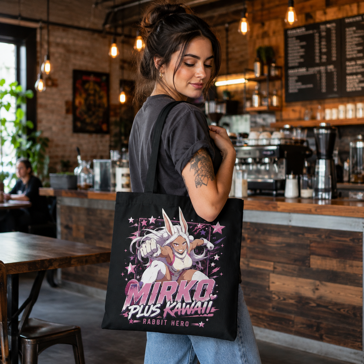 Black tote bag with Rumi Usagiyama (Mirko) My Hero Academia Rabbit Hero graphic – photo 4