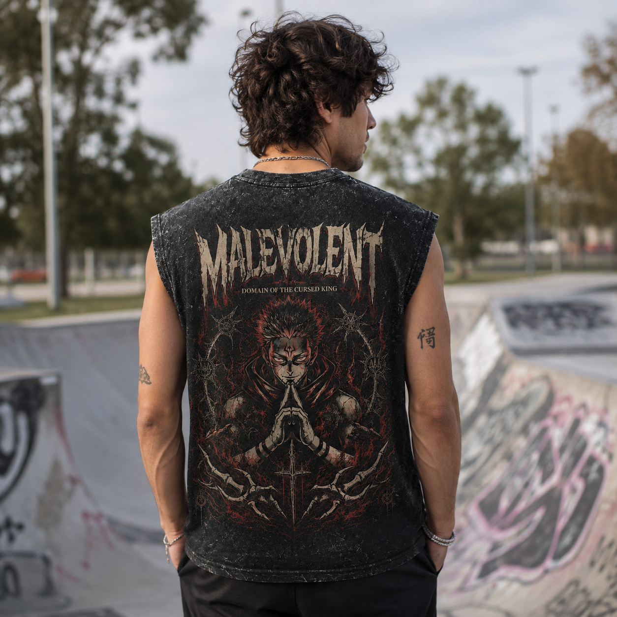 Washed black tank top with Ryomen Sukuna Jujutsu Kaisen Cursed King graphic – photo 3