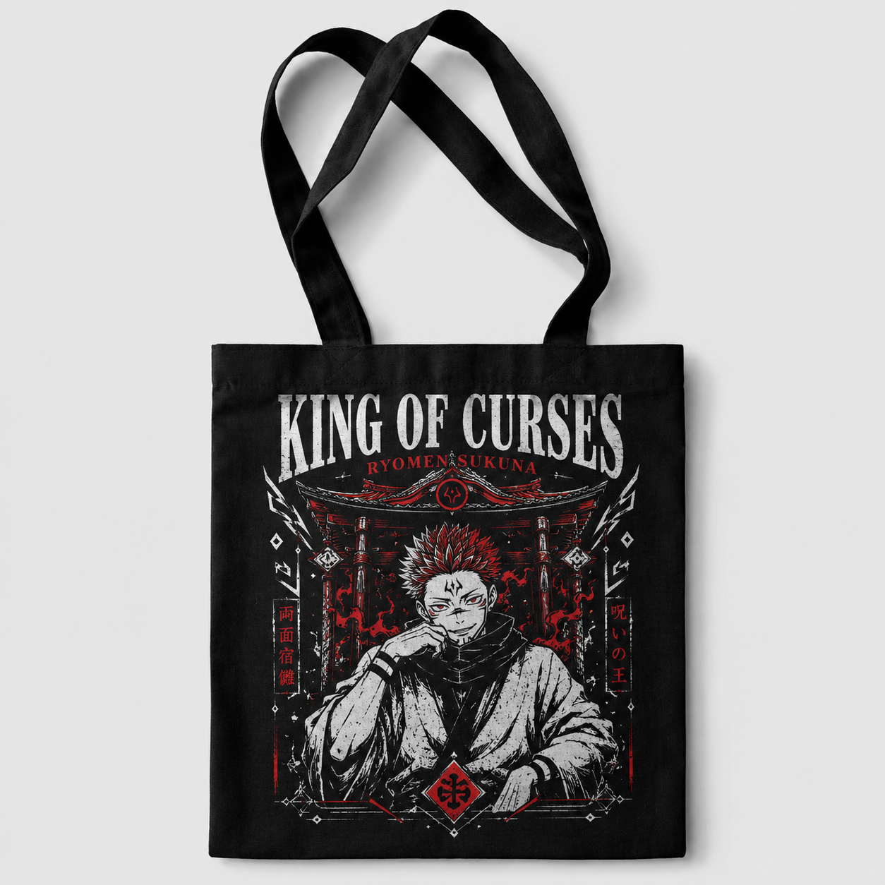 Black tote bag with Ryomen Sukuna Jujutsu Kaisen King Of Curses graphic – photo 1