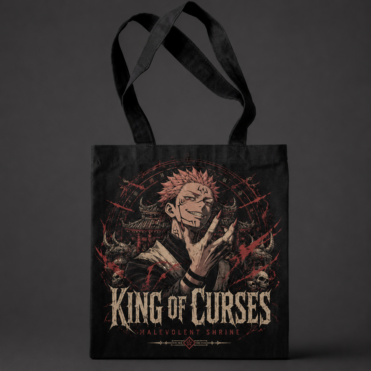 Black tote bag with Ryomen Sukuna Jujutsu Kaisen King Of Curses graphic – photo 1
