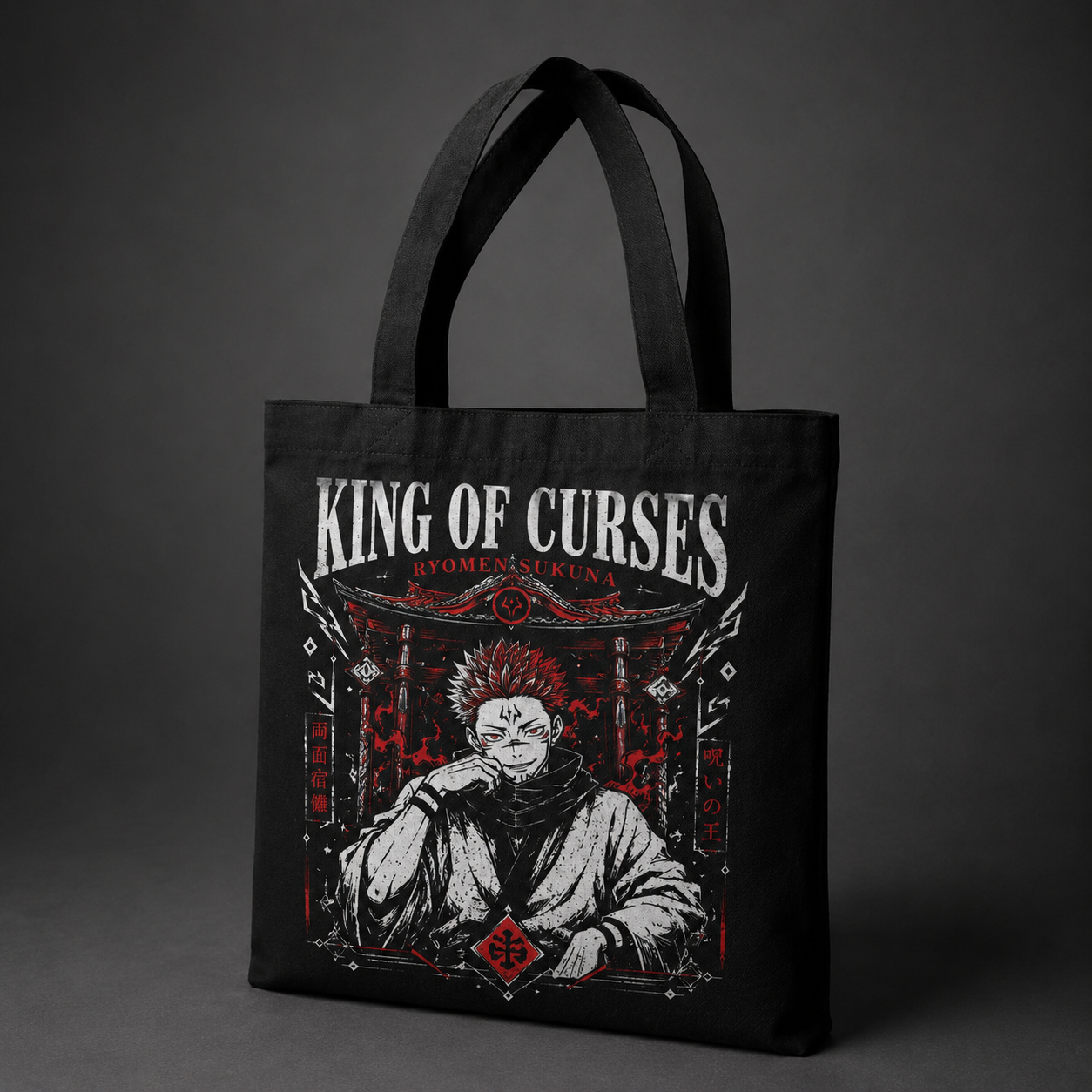 Black tote bag with Ryomen Sukuna Jujutsu Kaisen King Of Curses graphic – photo 2