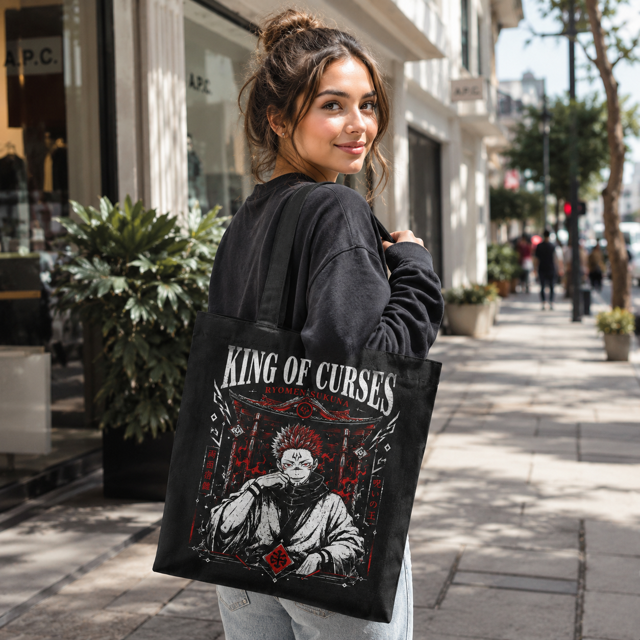 Black tote bag with Ryomen Sukuna Jujutsu Kaisen King Of Curses graphic – photo 3