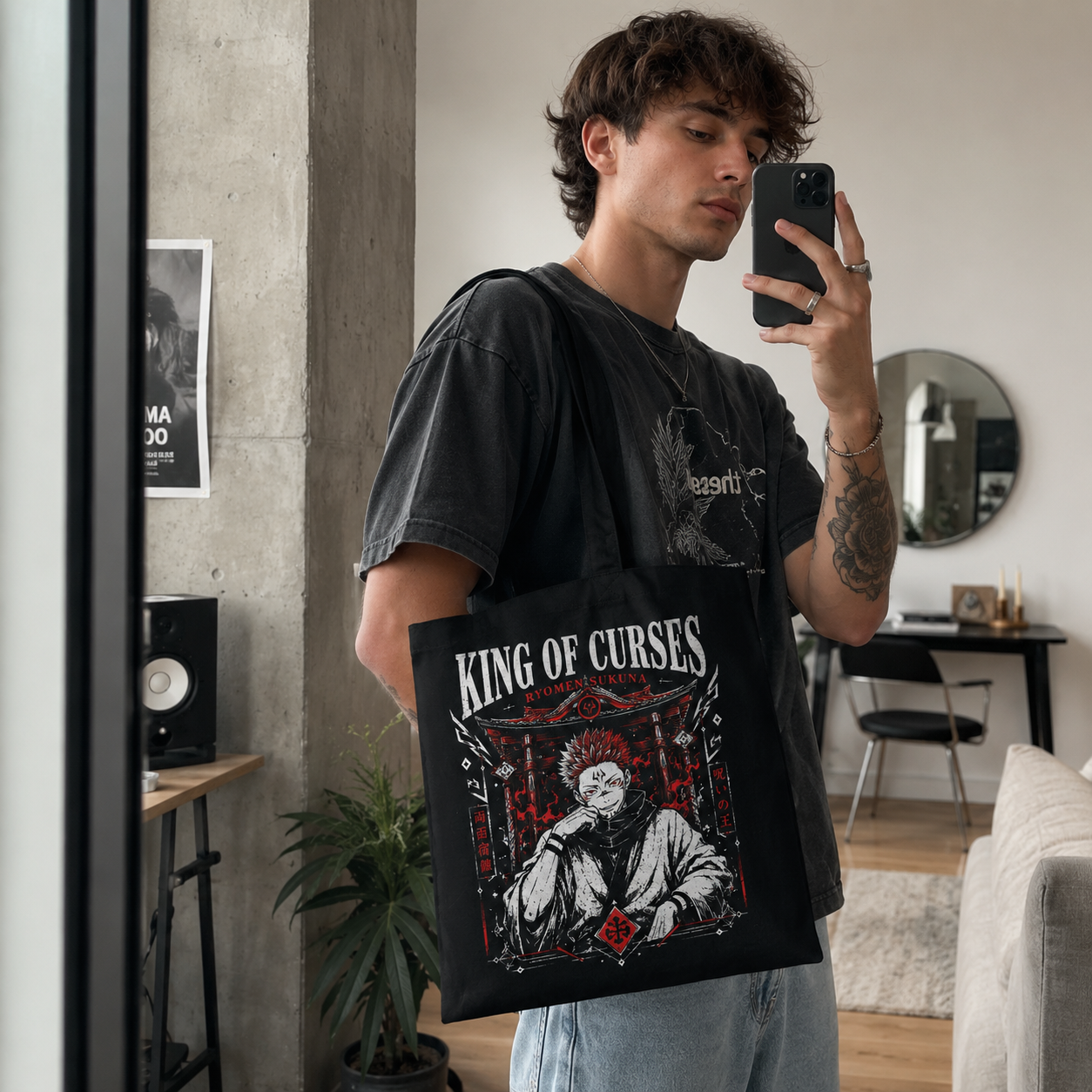 Black tote bag with Ryomen Sukuna Jujutsu Kaisen King Of Curses graphic – photo 4