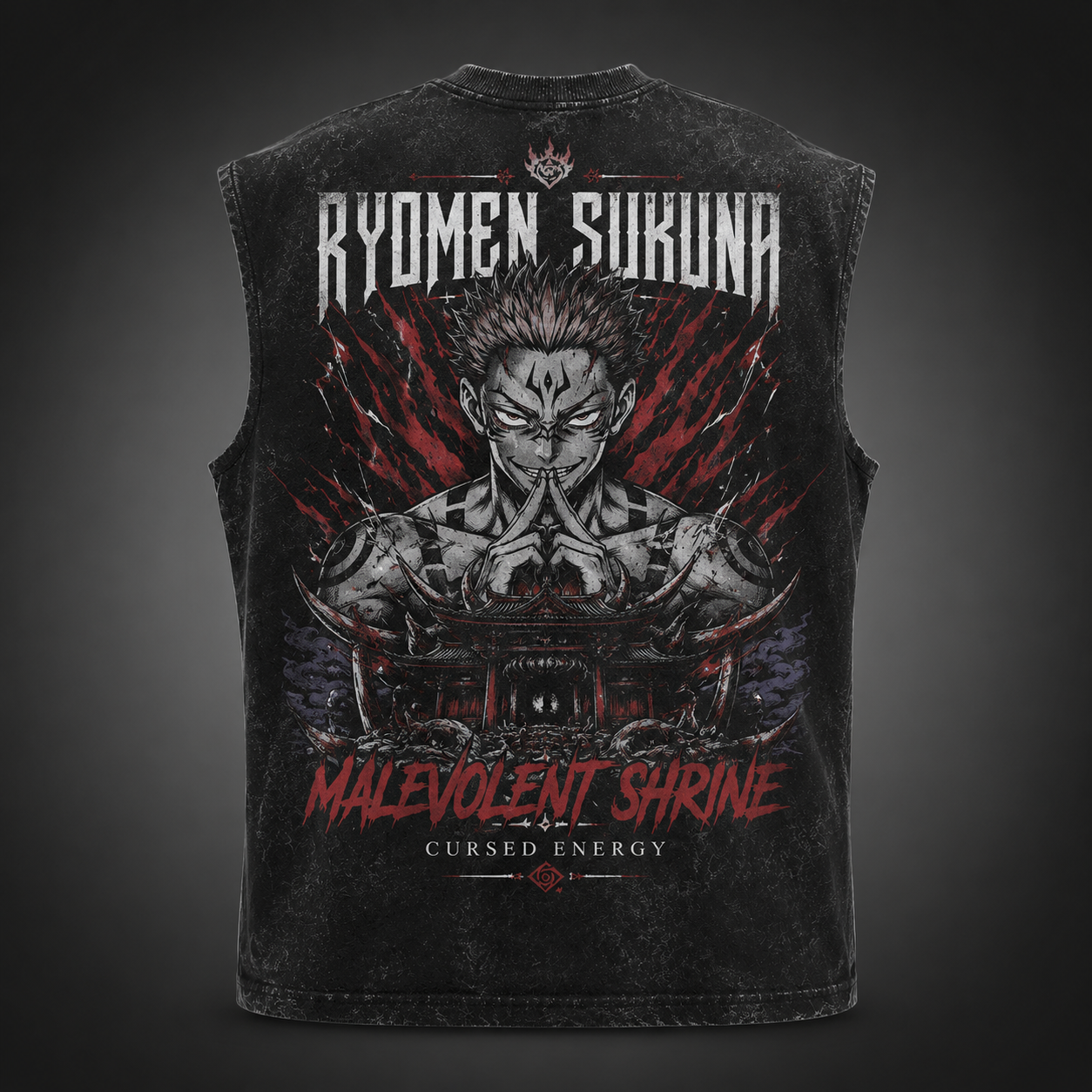 Washed black tank top with Ryomen Sukuna Jujutsu Kaisen Malevolent Shrine graphic – photo 1