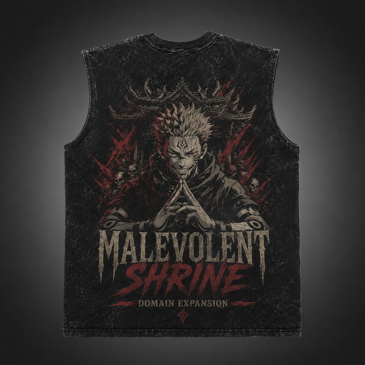 Washed black tank top with Ryomen Sukuna Jujutsu Kaisen Malevolent Shrine graphic – photo 1
