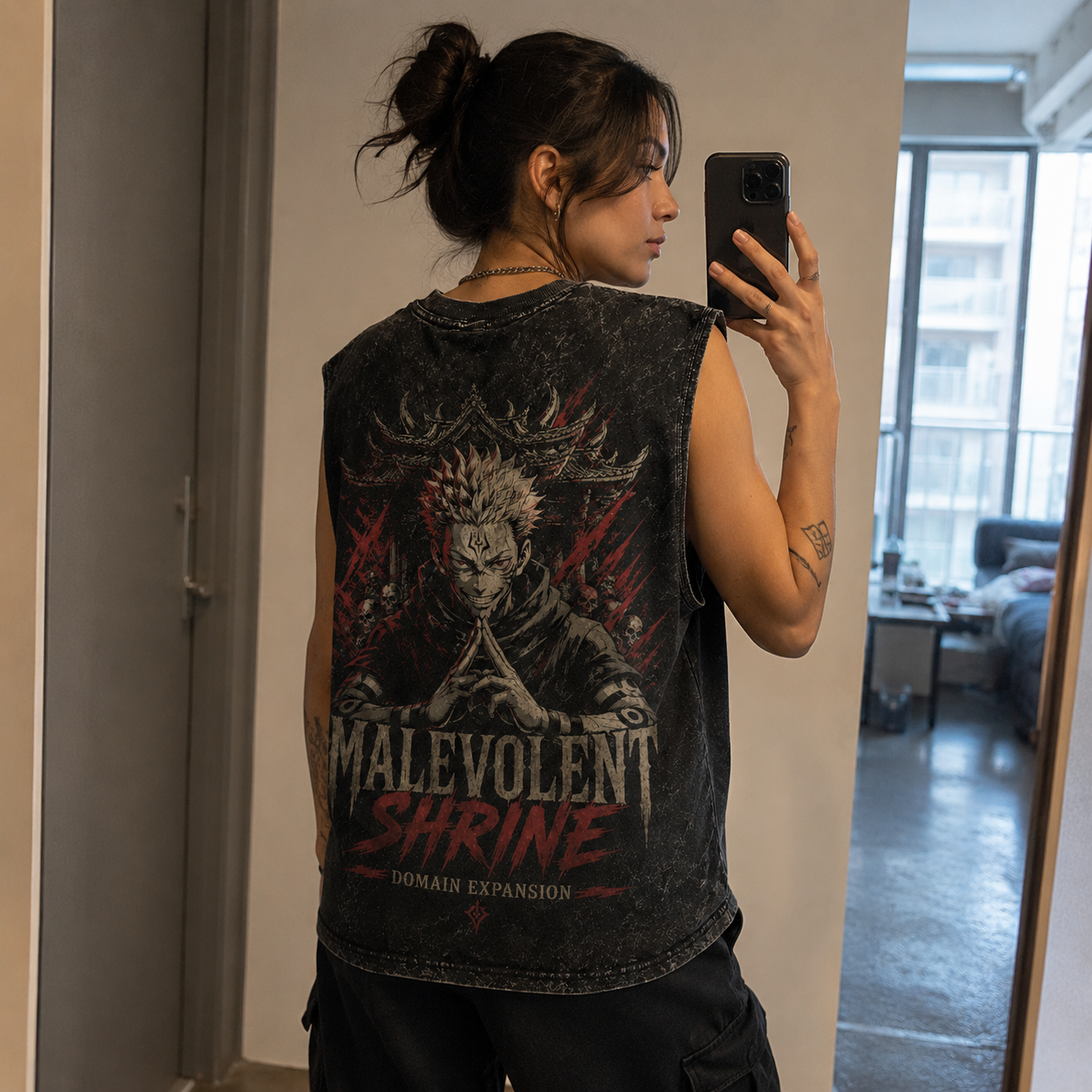 Washed black tank top with Ryomen Sukuna Jujutsu Kaisen Malevolent Shrine graphic – photo 3