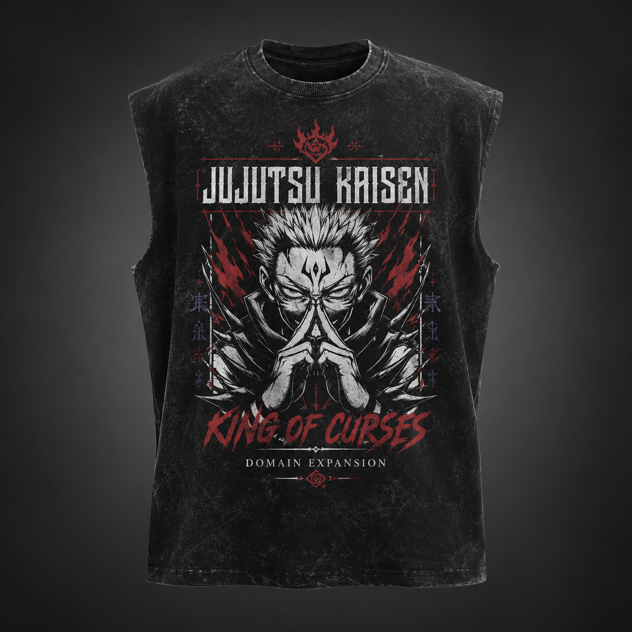 Washed black tank top with Ryomen Sukuna Jujutsu Kaisen Malevolent Shrine graphic – photo 2