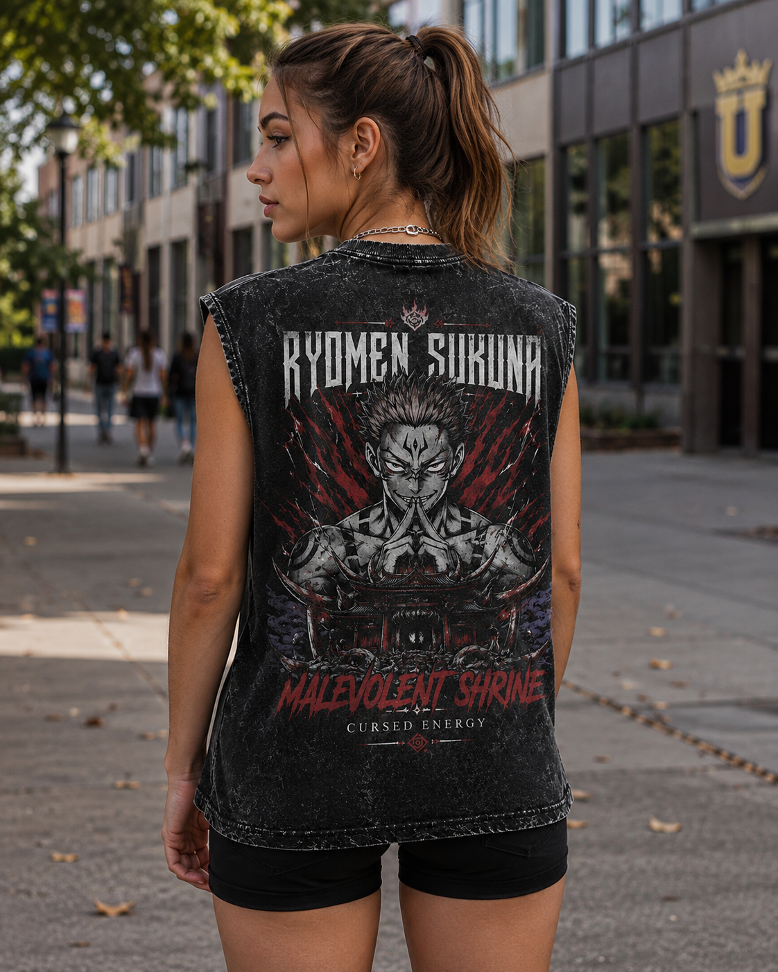 Washed black tank top with Ryomen Sukuna Jujutsu Kaisen Malevolent Shrine graphic – photo 3