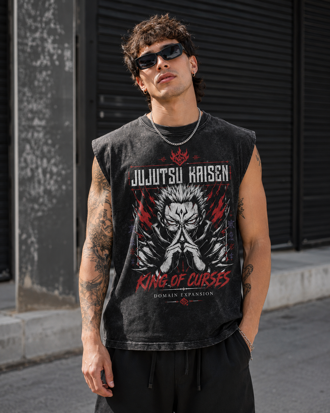 Washed black tank top with Ryomen Sukuna Jujutsu Kaisen Malevolent Shrine graphic – photo 4