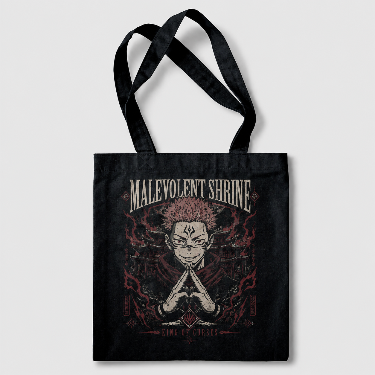 Black tote bag with Ryomen Sukuna Jujutsu Kaisen Malevolent Shrine graphic – photo 1